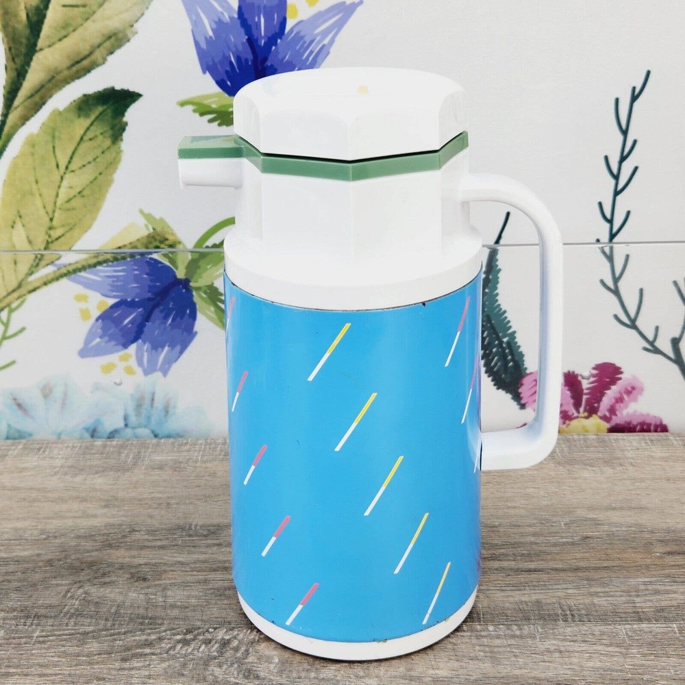 Gloria Vacuum Bottle Carafe Thermas Blue White RFS-10 Made in Japan Vintage MCM